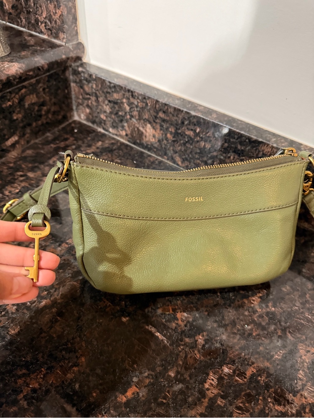 Fossil Olive Leather Crossbody Wristlet with Gold Hardware - Picture 3 of 9